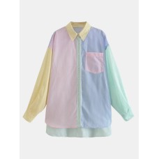 Pocketed Color Block Long Sleeve Shirt