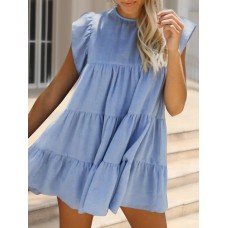 Ruched Round Neck Cap Sleeve Mini Dress