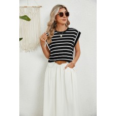 Striped Round Neck Cap Sleeve T-Shirt