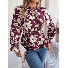 Printed Tie Neck Flounce Sleeve Blouse