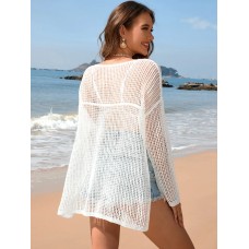 Solid color long sleeved knitted fashionable vacation bikini beach cover shirt