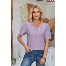 Eyelet Round Neck Short Sleeve Blouse