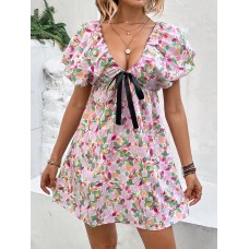 Perfee Printed V-Neck Puff Sleeve Mini Dress