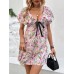 Perfee Printed V-Neck Puff Sleeve Mini Dress