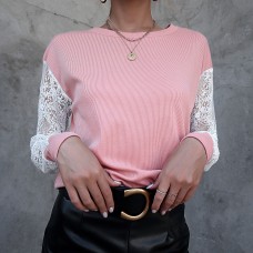 Hollow lace lace patchwork long sleeved round neck T-shirt for women