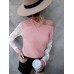 Hollow lace lace patchwork long sleeved round neck T-shirt for women