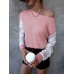Hollow lace lace patchwork long sleeved round neck T-shirt for women