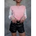 Hollow lace lace patchwork long sleeved round neck T-shirt for women