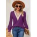 V-neck lace patchwork loose long sleeved T-shirt top for women