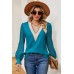 V-neck lace patchwork loose long sleeved T-shirt top for women
