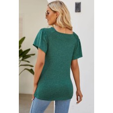 Solid color round neck pleated loose short sleeved T-shirt top for women