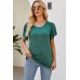 Solid color round neck pleated loose short sleeved T-shirt top for women