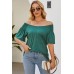 Solid color round neck pleated loose short sleeved T-shirt top for women