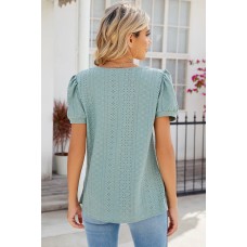Solid color square neck bubble short sleeved T-shirt loose top for women