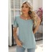 Solid color square neck bubble short sleeved T-shirt loose top for women