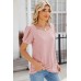 Solid color square neck bubble short sleeved T-shirt loose top for women
