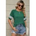 Striped patchwork loose round neck short sleeved T-shirt top for women