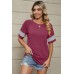 Striped patchwork loose round neck short sleeved T-shirt top for women