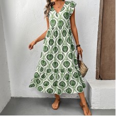Vacation style loose deep V-neck printed long dress