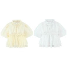 Stand up collar bubble sleeve waist cinching single breasted short sleeved shirt