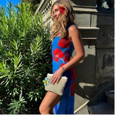 Split slimming long dress with European and American style sexy backless printed dress for women