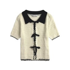 Collar bow tie tied short sleeved knitted sweater top for women