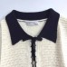 Collar bow tie tied short sleeved knitted sweater top for women