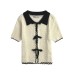 Collar bow tie tied short sleeved knitted sweater top for women