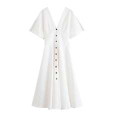 V-neck single breasted short sleeved waist cinched dress for women