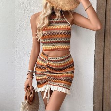 Vacation style sleeveless neck hanging vest short skirt two-piece set