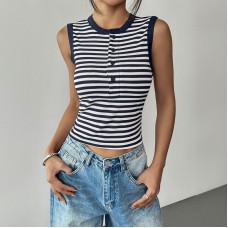 Summer striped round neck vest slim fit sleeveless short vest