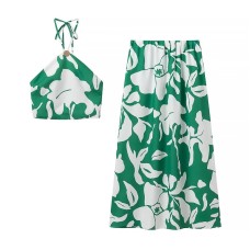 Neck strap+printed half skirt set for women