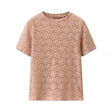 Round neck hollow out short sleeved knitted sweater top for women