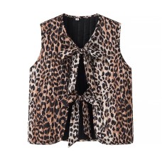 Leopard print lace up vest jacket for women
