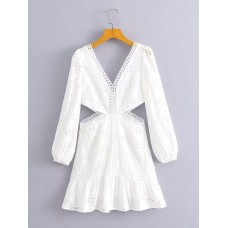 V-neck lace waist opening short dress for women