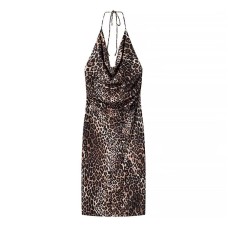 Leopard print pleated neck hanging dress for women