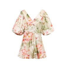 V-neck bubble sleeve lace up printed dress for women