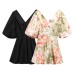 V-neck bubble sleeve lace up printed dress for women