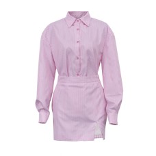 Commuter collar long sleeved striped shirt hip hugging skirt fashionable set