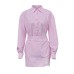 Commuter collar long sleeved striped shirt hip hugging skirt fashionable set