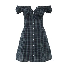 Single breasted one-piece collar off shoulder plaid dress