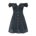 Single breasted one-piece collar off shoulder plaid dress