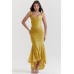 Square neck elastic mesh jacquard pleated sleeveless fishtail suspender long skirt
