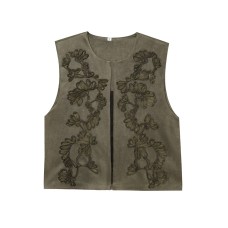Embroidered round neck sleeveless suede textured vest for women in vest Embroidered round neck sleeveless suede textured vest for women in vest