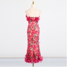 Seaside vacation style long dress with strapless three-dimensional flower embroidery hip hugging dress