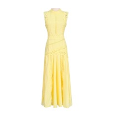 French minimalist retro style round neck sleeveless waist cinched lace dress