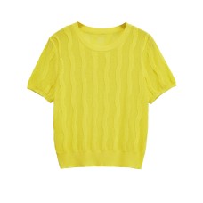 Round neck short sleeved textured knitted T-shirt top for women