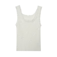 Round neck sleeveless patchwork lace bow decoration T-shirt vest for women