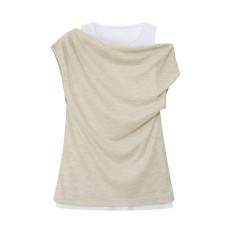 Fake two sleeveless pleated T-shirt tops for women