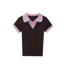 Splicing collar short sleeved knitted T-shirt top for women